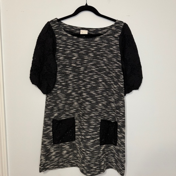 Anthropologie Sweater Dress Small Black Gray Textured Knit Puff Sleeve Pockets - Picture 1 of 8